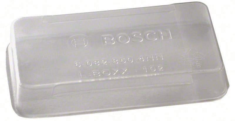 Átlátszó műanyag fedél 'BOSCH' felirattal, sorozatszámmal és 'L-BOXX 102' jelöléssel.