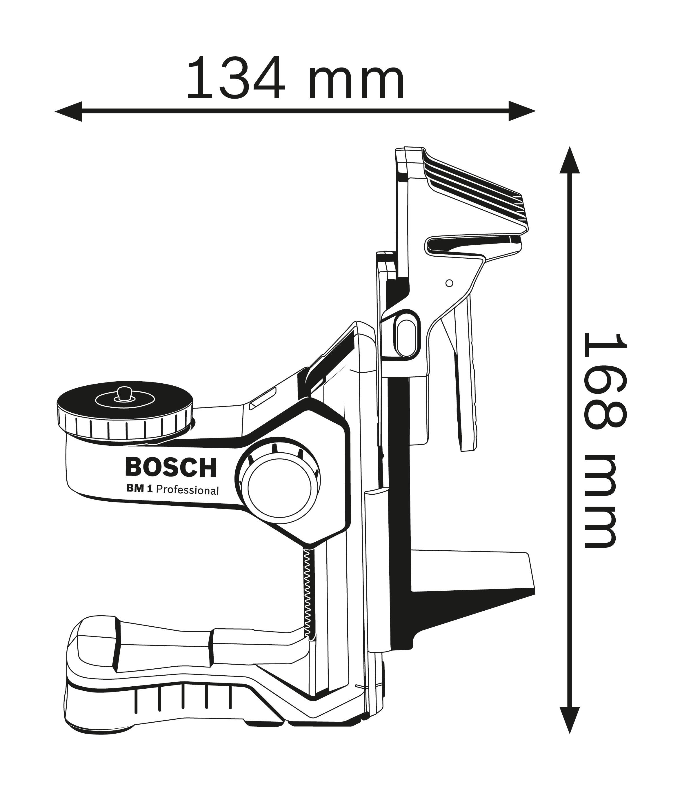 A Bosch BM 1 Professional tartó műszaki ábrázolása, méretei: 134 mm szélesség, 168 mm magasság.