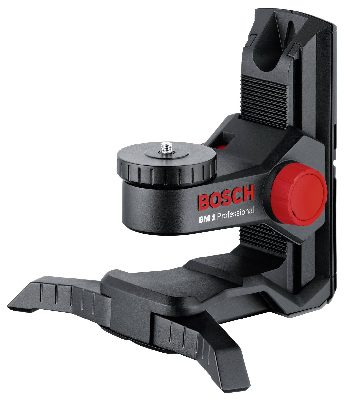 Fekete Bosch BM 1 Professional fali tartó állítható mechanizmussal és piros Bosch logóval, alkalmas építési projektekhez.