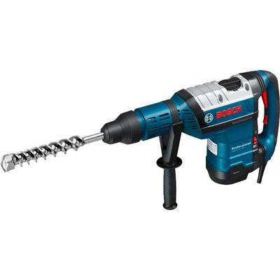 Egy kék Bosch fúrókalapács fémfúróval, alkalmas nehéz fúrási munkákhoz. Ergonomikus markolat a jobb kezelhetőség érdekében.