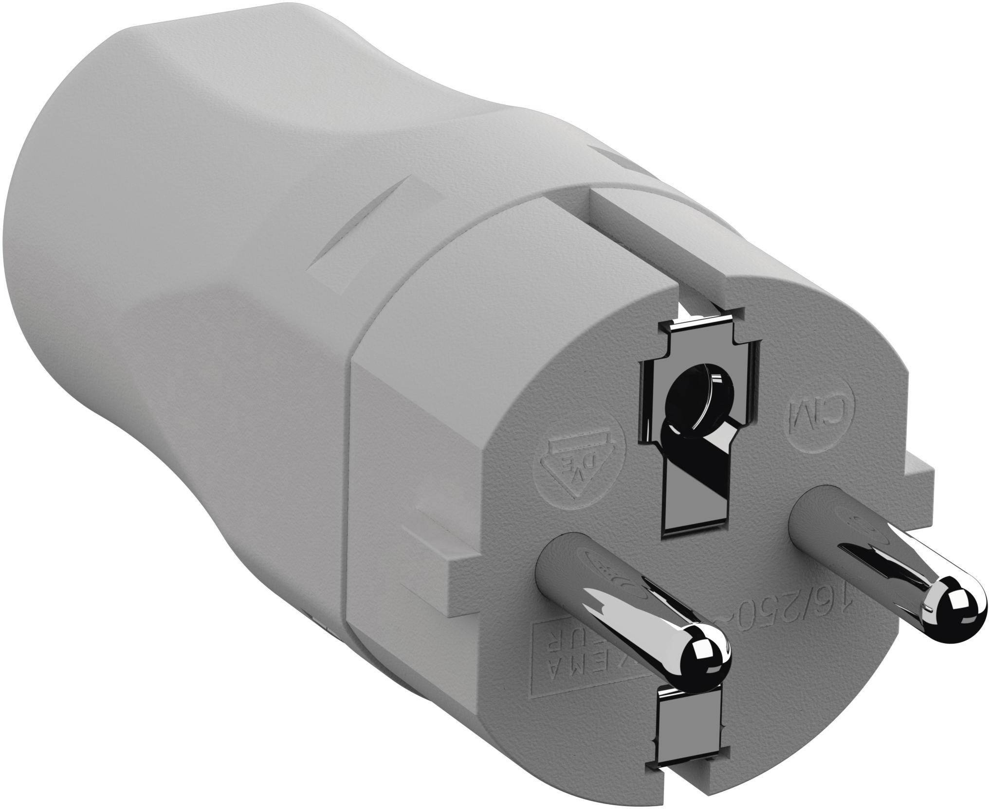 Egy szürke eurós csatlakozó adapter két kerek fémcsatlakozóval, amely alkalmas európai típusú elektromos aljzatokhoz.