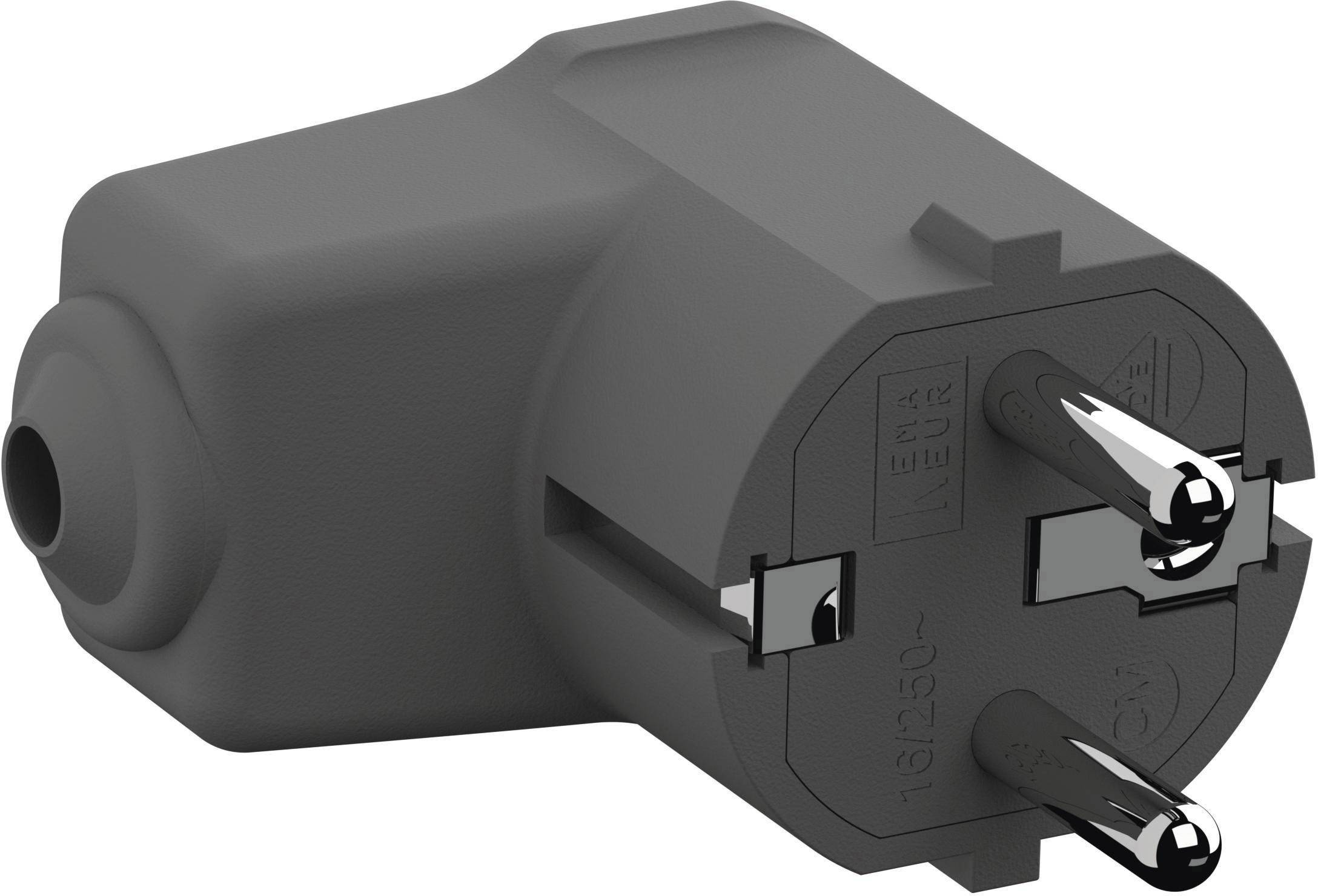 Egy fekete-szürke Schuko-dugó adapter két kerek érintkezővel és földeléssel, oldalsó elhelyezéssel, alkalmas EU-s dugaljzatokhoz.