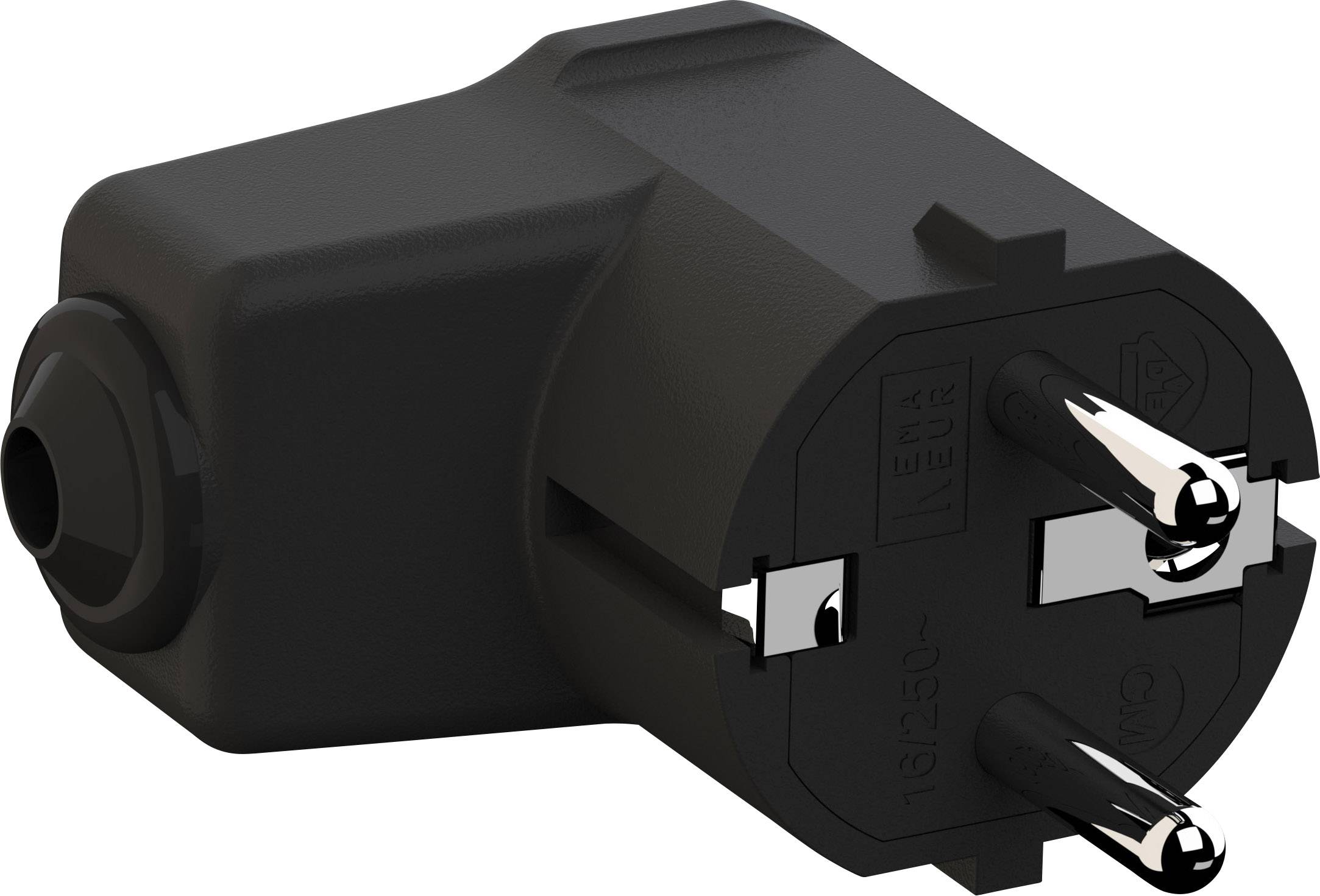 Egy fekete, két érintkezős eurós csatlakozó, amely alkalmas elektronikai eszközök részére Európában.