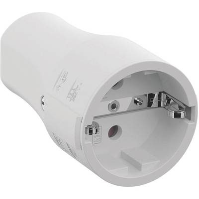 Egy fehér Schuko-dugaszadapter robusztus műanyag házzal és ezüst fémcsatlakozóval. Alkalmas európai típusú dugaljhoz.