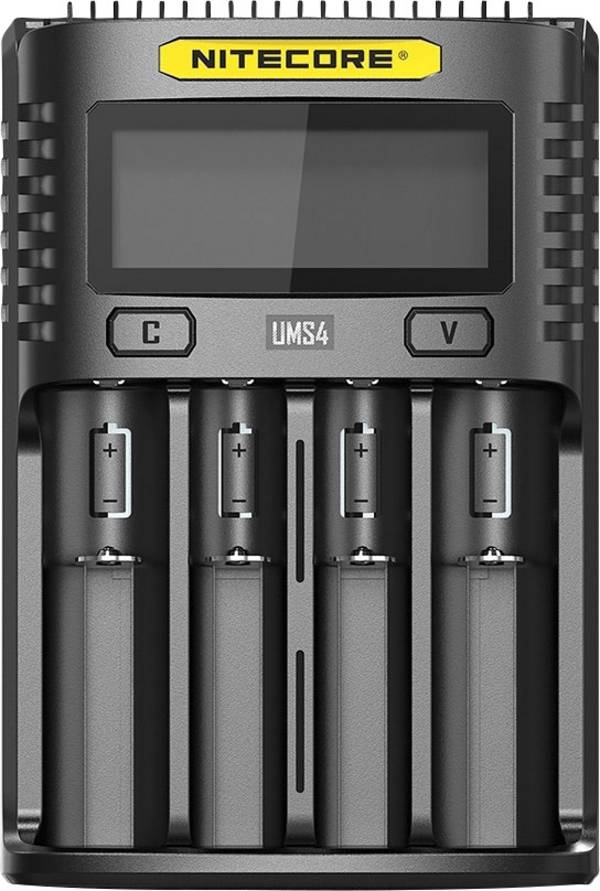 NiteCore UMS4 Hengeres akku töltő NiCd, NiMH, Lítiumion, LiPolimer 10440, 10500, 12500, 12650, 13500, 13650, 14500, 14650, 16340, 16650, 17335, 17355, 17500, 17650, 17670, 18350, 18490, 18500, 18650, 18700, 20650, 21700, 22650, 25500, 26500, 26650, Mini (AAAA), Mikro (AAA), Ceruza (AA), Baby (C), Góliát (D)