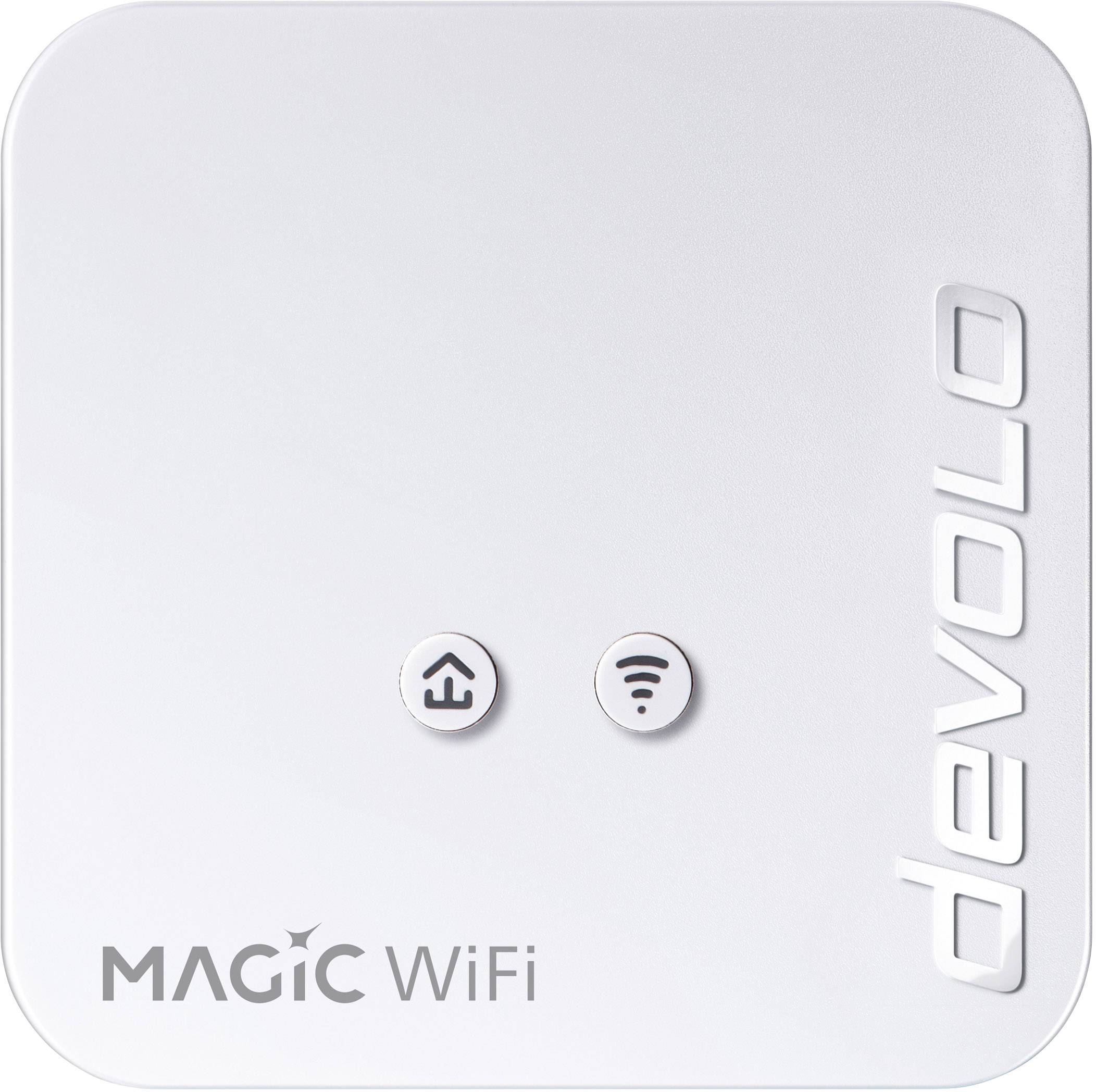 Egy fehér WLAN-jelerősítő két gombbal, amelyek közül az egyik házikó-szimbólummal, a másik WLAN-szimbólummal rendelkezik, mellette a 'devolo' felirattal.