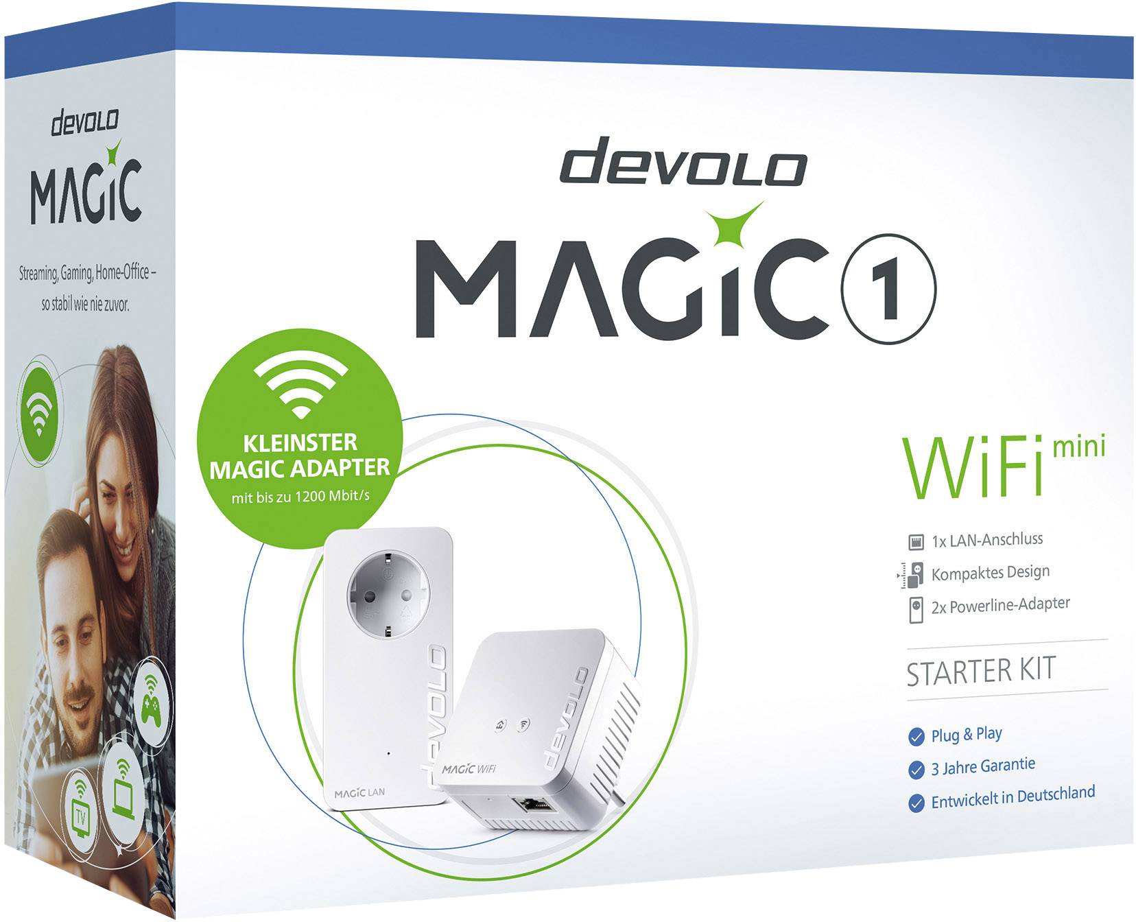 A kép a Devolo Magic 1 WiFi mini Starter Kit-et mutatja, amely egy Magic LAN-adapterből és egy kompakt Powerline-adapterből áll. Németországban fejlesztve.
