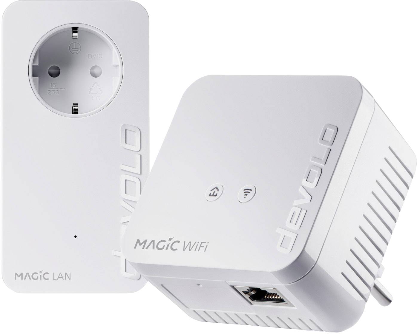 Fehér devolo powerline adapter dugaljjal és Ethernet-csatlakozóval. Balra: adapter dugaljjal. Jobbra: adapter WLAN-szimbólumokkal.