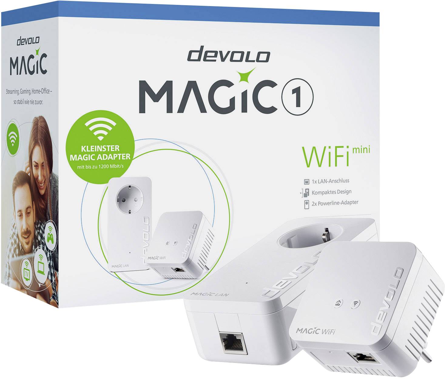 'Devolo Magic 1 WiFi mini' Kezdőcsomag, amely egy Powerline-adapterből és egy kompaktabb WiFi-adapterből áll. Powerline-hálózattal kompatibilis.