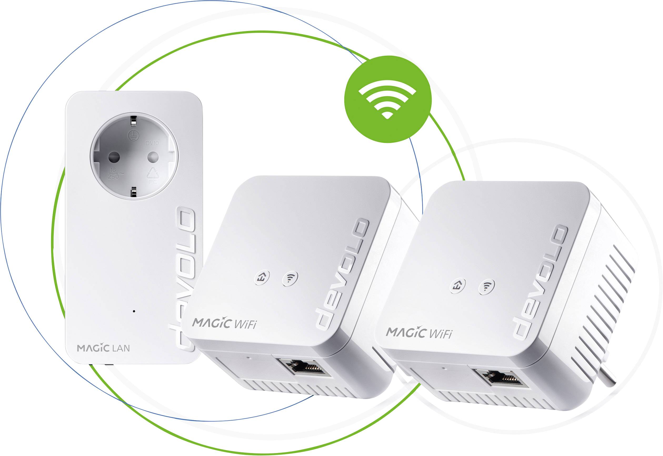 Három fehér Devolo WiFi-adapter: egy adapter csatlakozóaljzattal és két Ethernet-csatlakozóval, WiFi-szimbólummal kísérve.