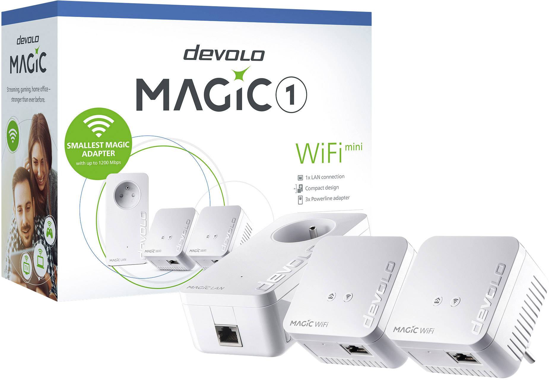 A 'Devolo Magic 1 WiFi mini' csomag két fehér hálózati adapterrel. Lehetővé teszi a WiFi-kapcsolatot a hálózati aljzaton keresztül, egyszerű dizájnnal.