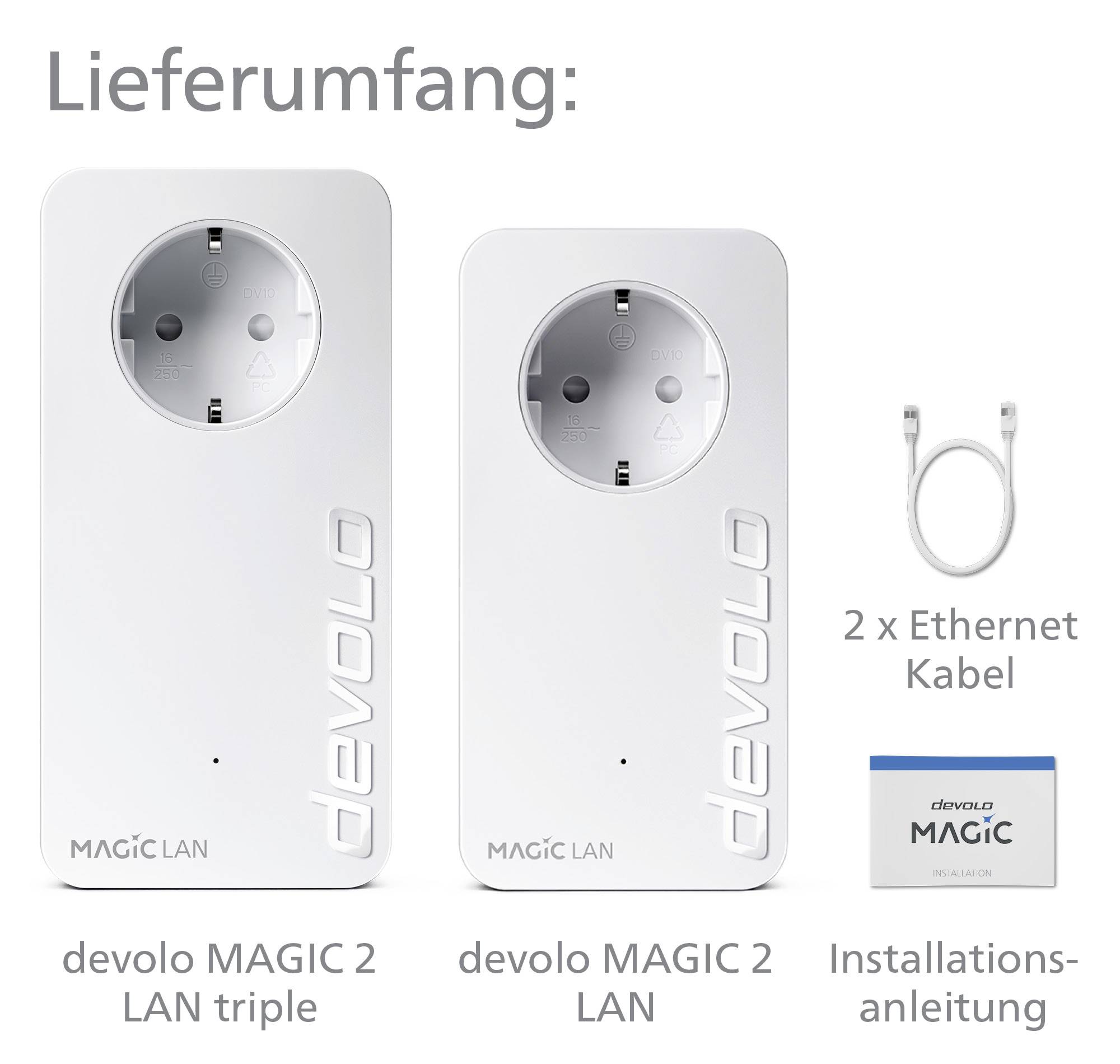 'Csomag tartalma: devolo MAGIC 2 LAN triple, devolo MAGIC 2 LAN, 2 x Ethernet-kábel, telepítési útmutató.'