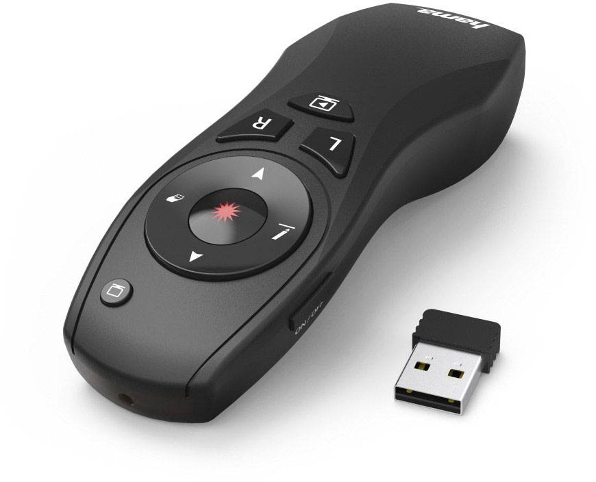 Vezeték nélküli prezentátor USB-vevővel. Fekete eszköz vezérlőgombokkal és piros lézermutatóval. Ideális prezentációkhoz.