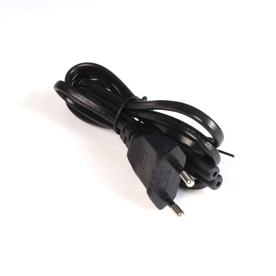 Fekete európai hálózati kábel két kerek érintkezővel és hajlított csatlakozóval. Elektronikus eszközökhöz alkalmas.