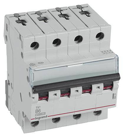 Egy négypólusú kismegszakító 'B6' jelöléssel. Elektromos áramkörök védelmére használják.