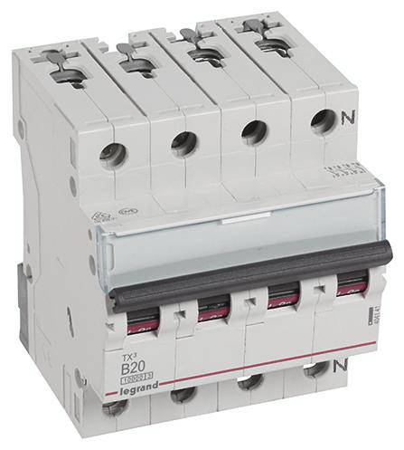 Egy négypólusú elektromos teljesítménymegszakító, amelyet 'B20' jelöléssel láttak el, a Legrand márka gyártásában készül.