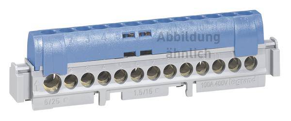 Kék csatlakozóblokk több kapoccsal elektromos bekötéshez. Magas feszültségű és áramú alkalmazásokhoz alkalmas.