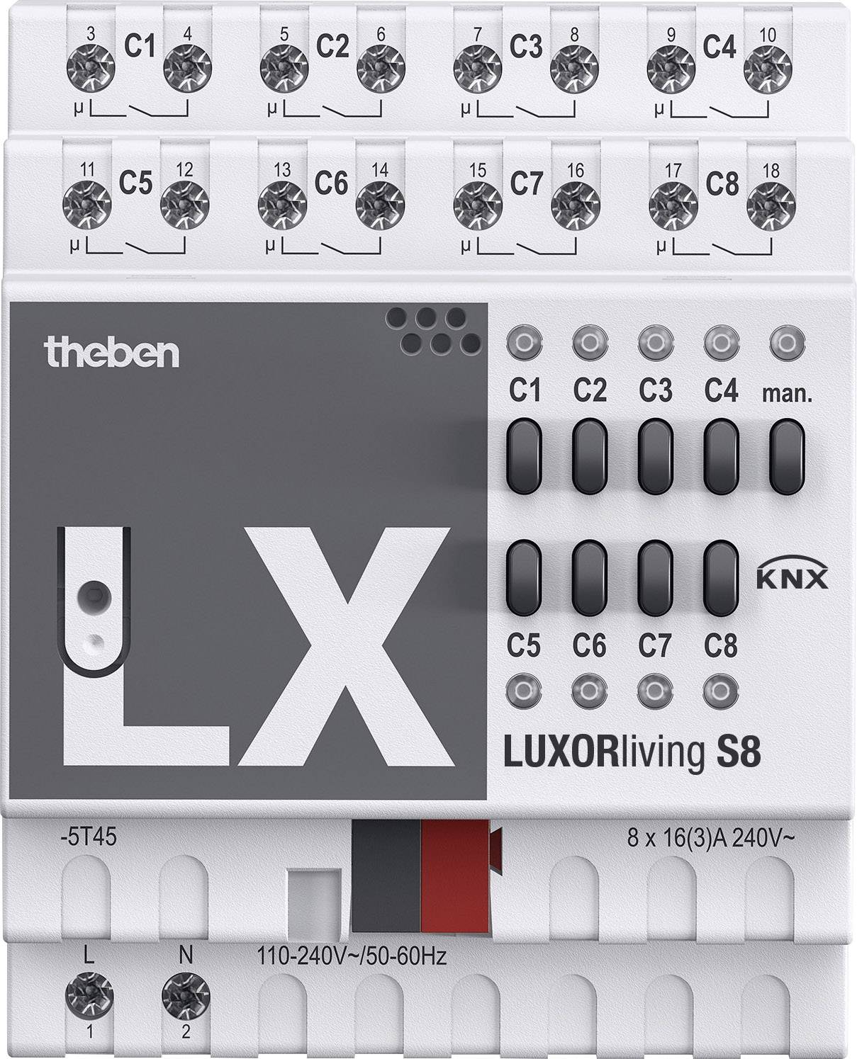 A Theben által gyártott 'LUXORliving S8' modul lakásautomatizáláshoz, nyolc gombbal és LED-kijelzőkkel, KNX buszrendszerhez csatlakoztatható, 110–240V-os eszköz.