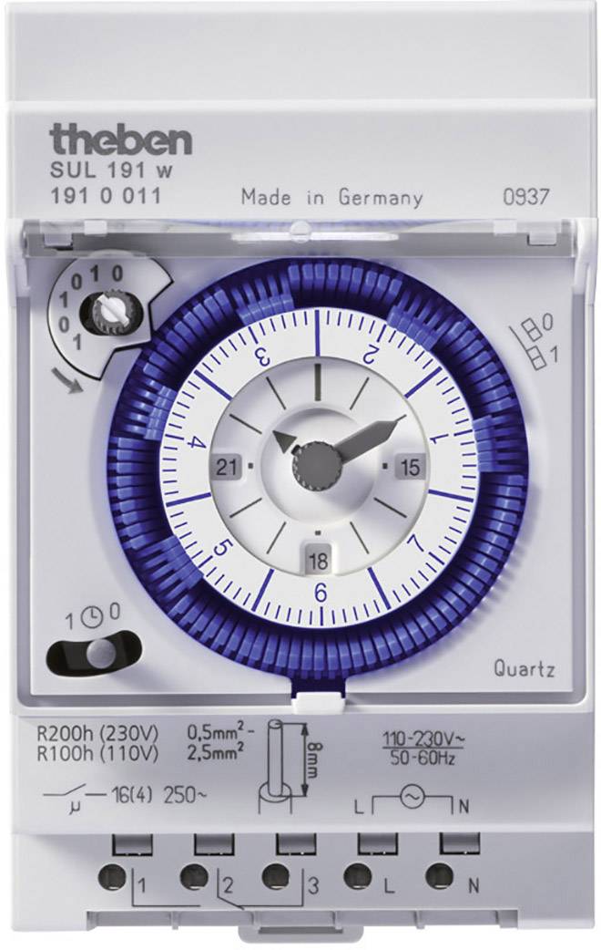 Theben SUL 191 w elektronikus időkapcsoló órája 24 órás számlappal és beállító kerékkel, alkalmas 230V-os csatlakozásokhoz.