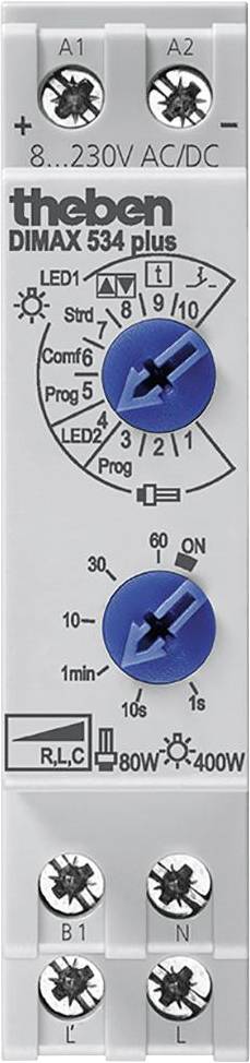 Theben DIMAX 534 plus szabályzóegység forgó szabályzókkal és LED-kijelzőkkel a vezérlési paraméterek beállításához, alkalmas AC/DC 8...230V feszültséghez.