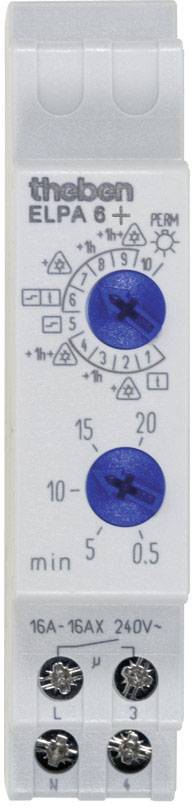Időkapcsoló óra, 'Theben ELPA 8+' modell. Állítható intervallumok 0,5-20 perc között. Feszültség: 240V, áramerősség: 16A.