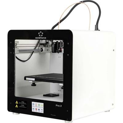 Renkforce márkájú, Pro 3 típusú 3D nyomtató fehér házban. A készülék üzemkész, látható nyomtatólemezzel és kábelekkel.