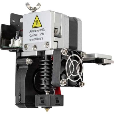 3D-nyomtató extruder fűtőegységgel és ventilátorral, ellátva a "Vigyázat, forró!" figyelmeztető felirattal.