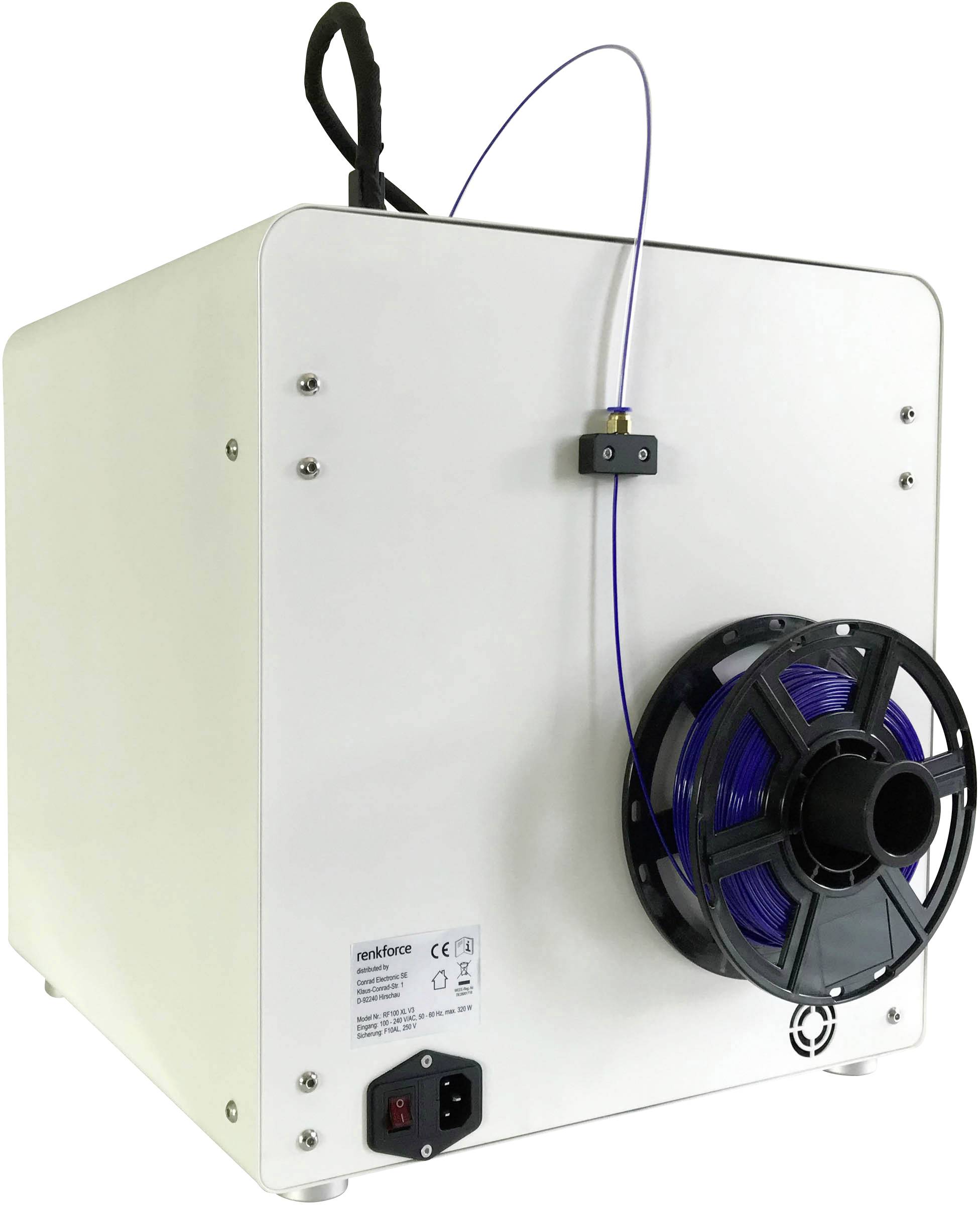 Egy filament szárítószekrény egy kék filament tekerccsel az oldalán, tökéletes a 3D-nyomtatási anyagok nedvesség elleni védelméhez.