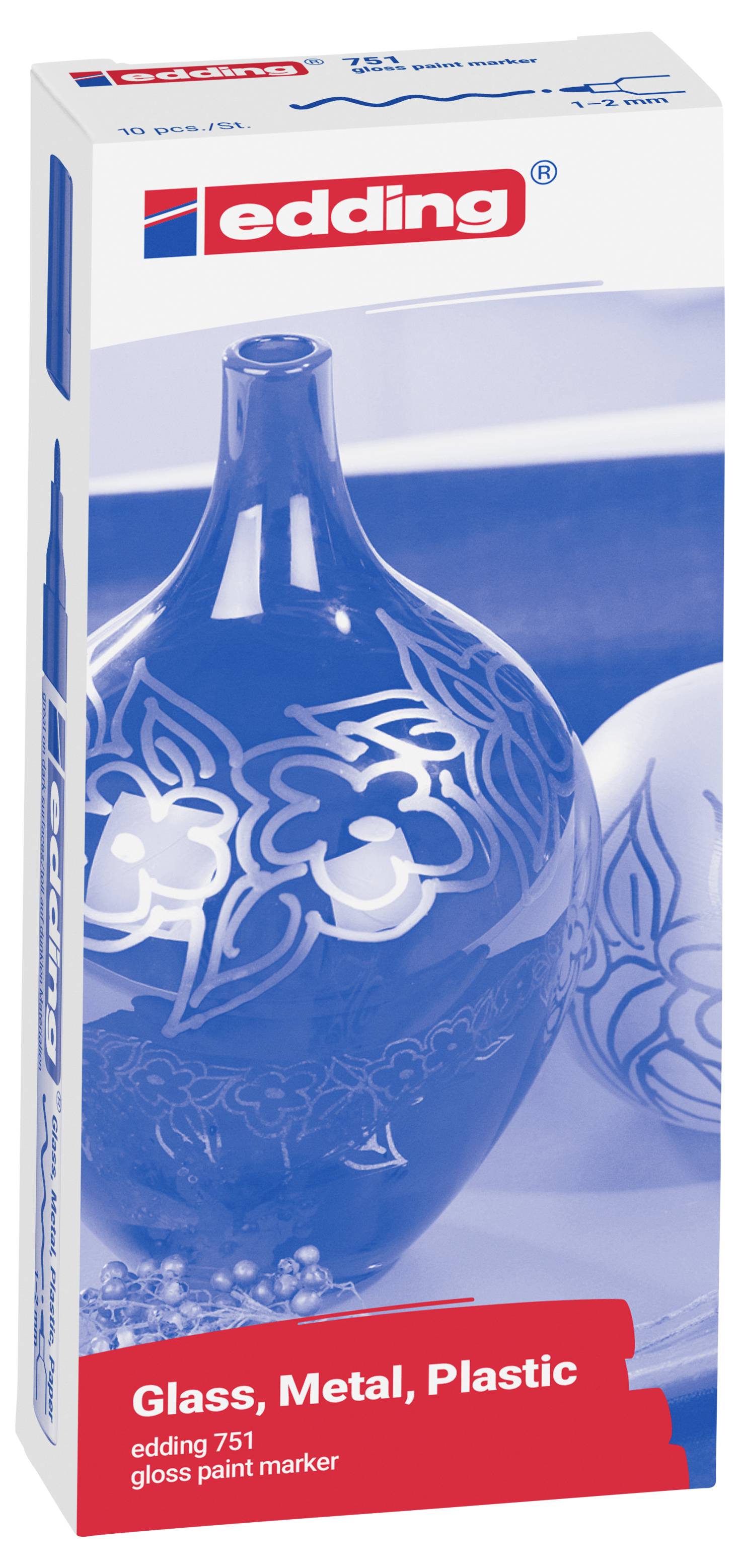 Az edding 751 fényes festékmarker csomagolása üveghez, fémhez és műanyaghoz, egy kékre díszített váza designnal.