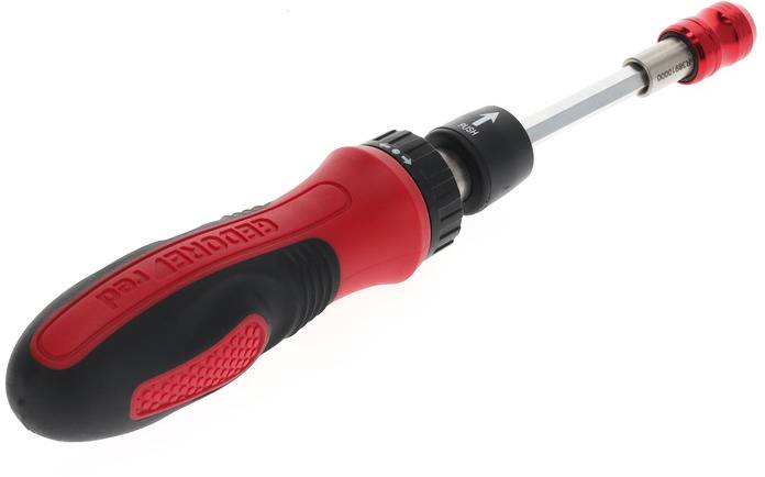 Egy piros és fekete csavarhúzó forgó fejjel és ergonomikus markolattal, sokoldalú felhasználásra alkalmas.
