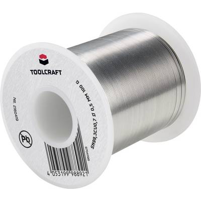 Egy Toolcraft forrasztóhuzal tekercs, 0,5 mm átmérőjű, 100 g. A tekercs vonalkódot és ólmot tartalmazó anyagra utaló jelzést mutat.