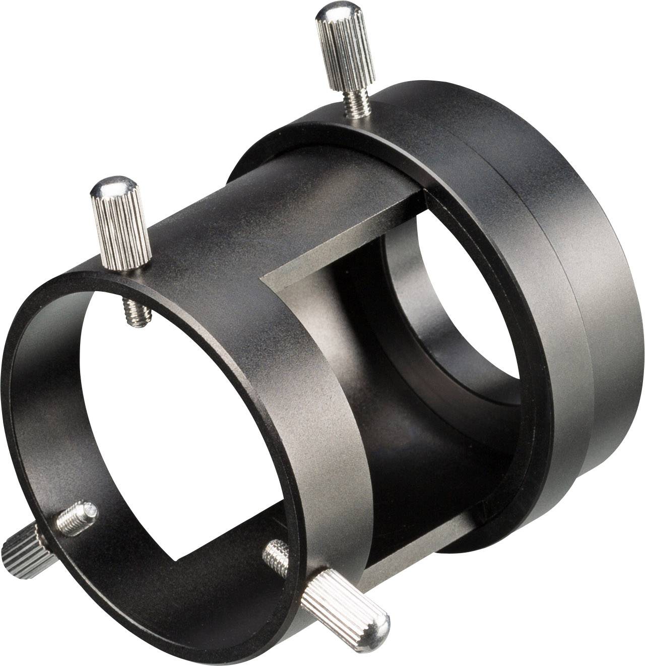 Egy fekete fém adapter több csavarral, amelyet optikai eszközökben lehet felhasználni.