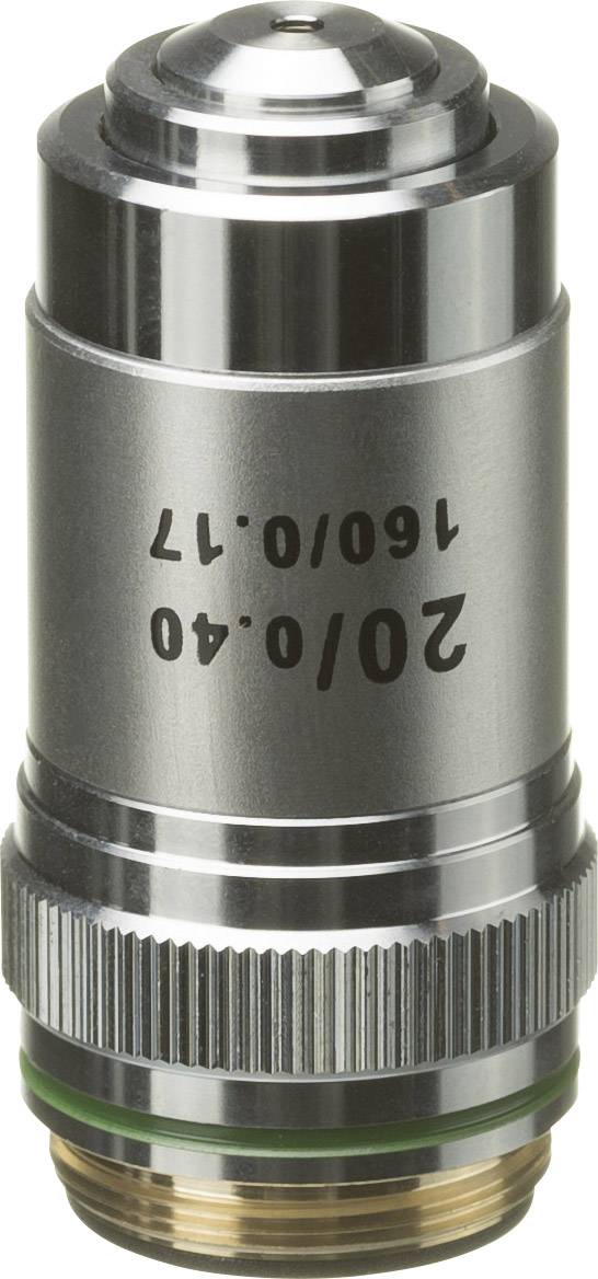 Mikroszkóp objektív 20/0.40 160/0.17 jelöléssel, ezüst fémházban, zöld és arany jelzéssel.