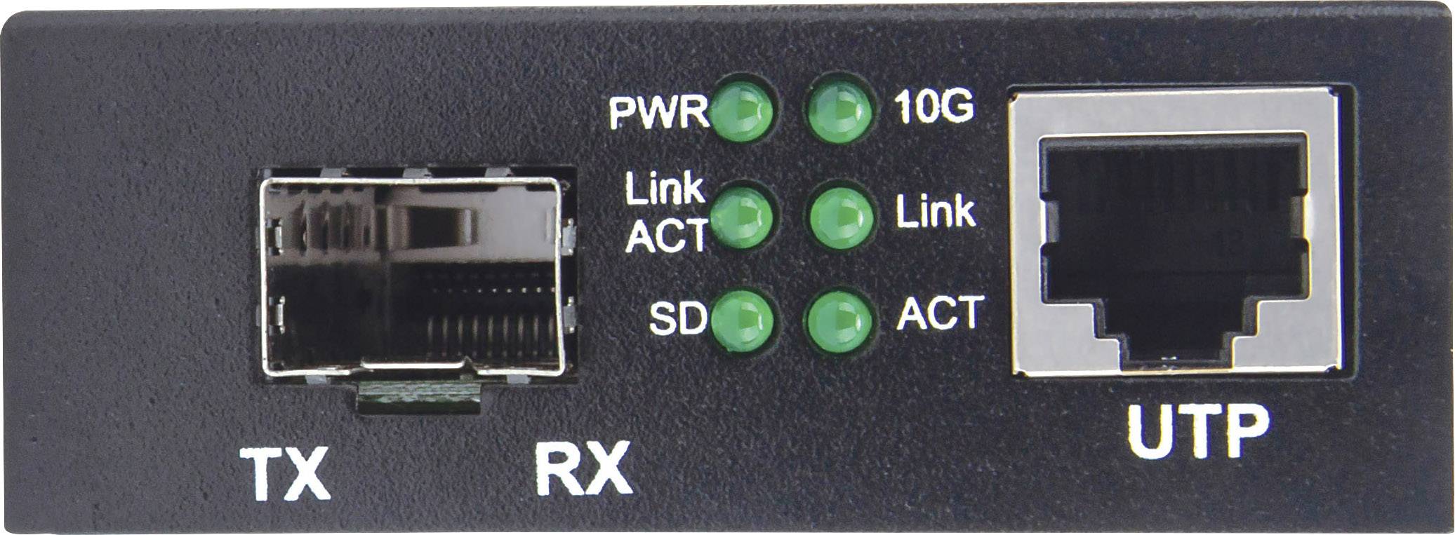 Egy hálózati eszközön 'TX', 'RX' és 'UTP' portok, valamint 'PWR', '10G', 'Link', 'ACT' és 'SD' feliratú állapotjelző LED-ek láthatók.
