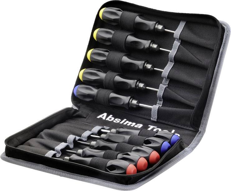 Hét csavarhúzóból álló készlet fekete tokban rugalmas hurkapántokkal, belül az "Absima Tools" felirat látható.