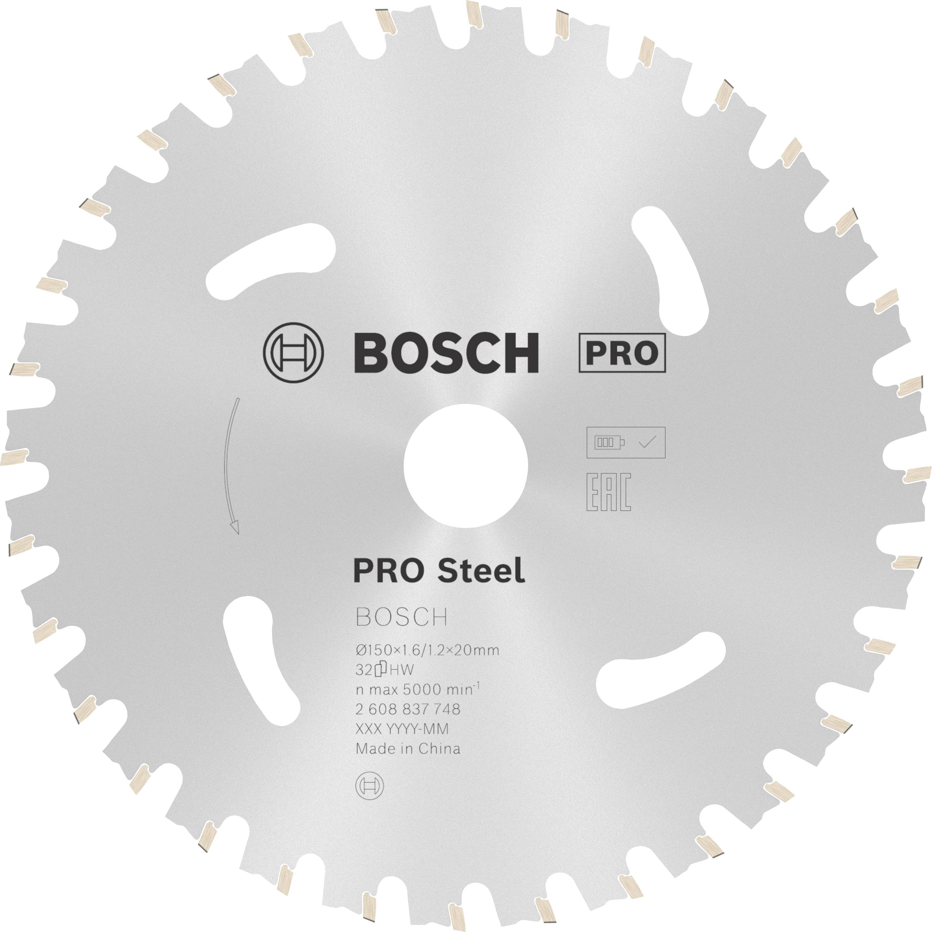 Fémből készült körfűrészlap 'BOSCH PRO Steel' felirattal. Acélhoz alkalmas, max. 5000 ford/perc, átmérő 150 mm, Kínában gyártva.