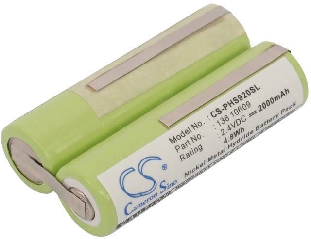 Egy zöld, újratölthető nikkel-fémhidrid akkumulátor, 'CS-PHS920SL' modellszámmal és 2000mAh kapacitással.
