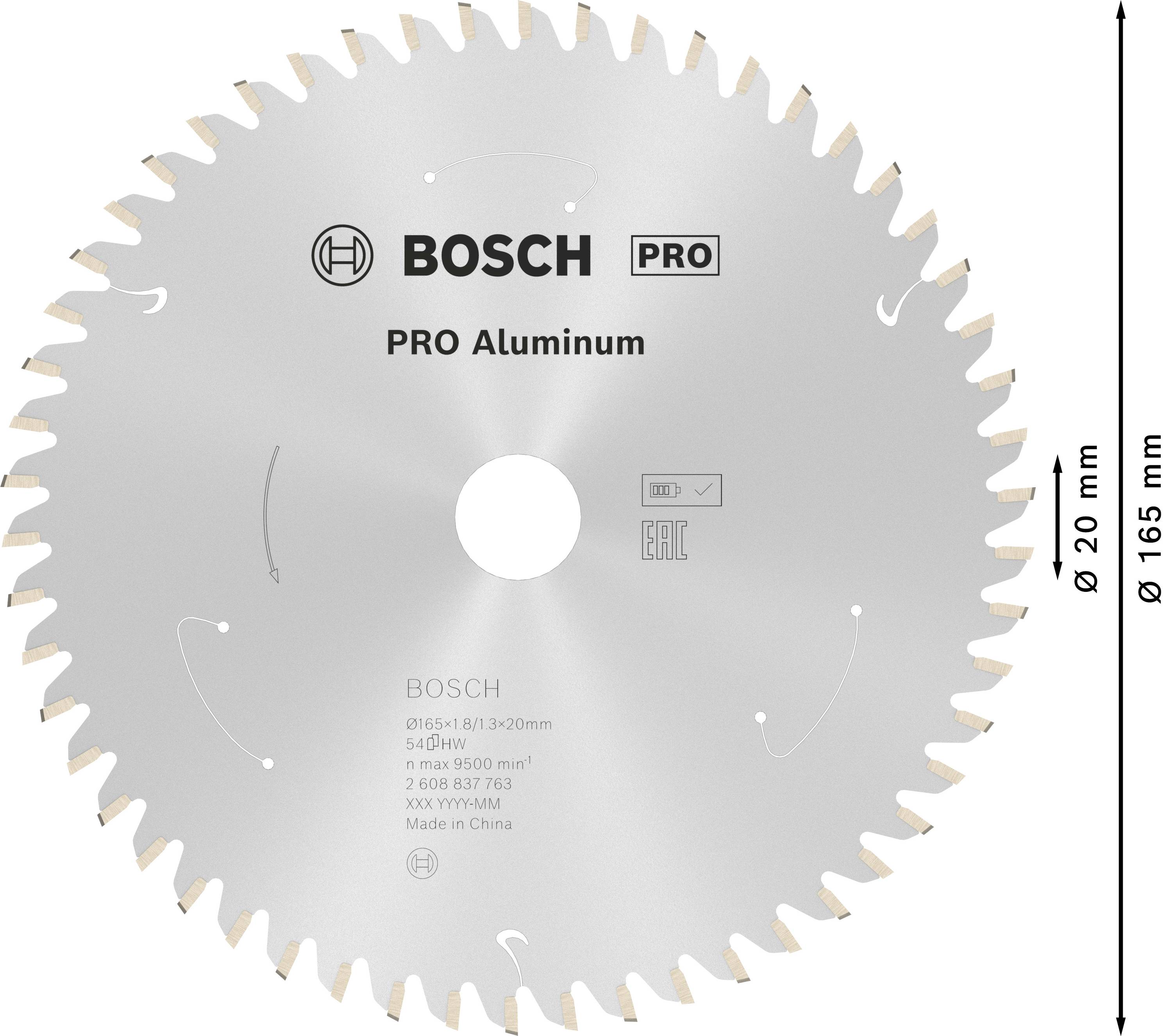 Ezüstszínű körfűrészlap, 'PRO Aluminum' felirattal. Átmérő 165 mm, furat 20 mm. A gyártó neve és a műszaki részletek jól láthatóak.