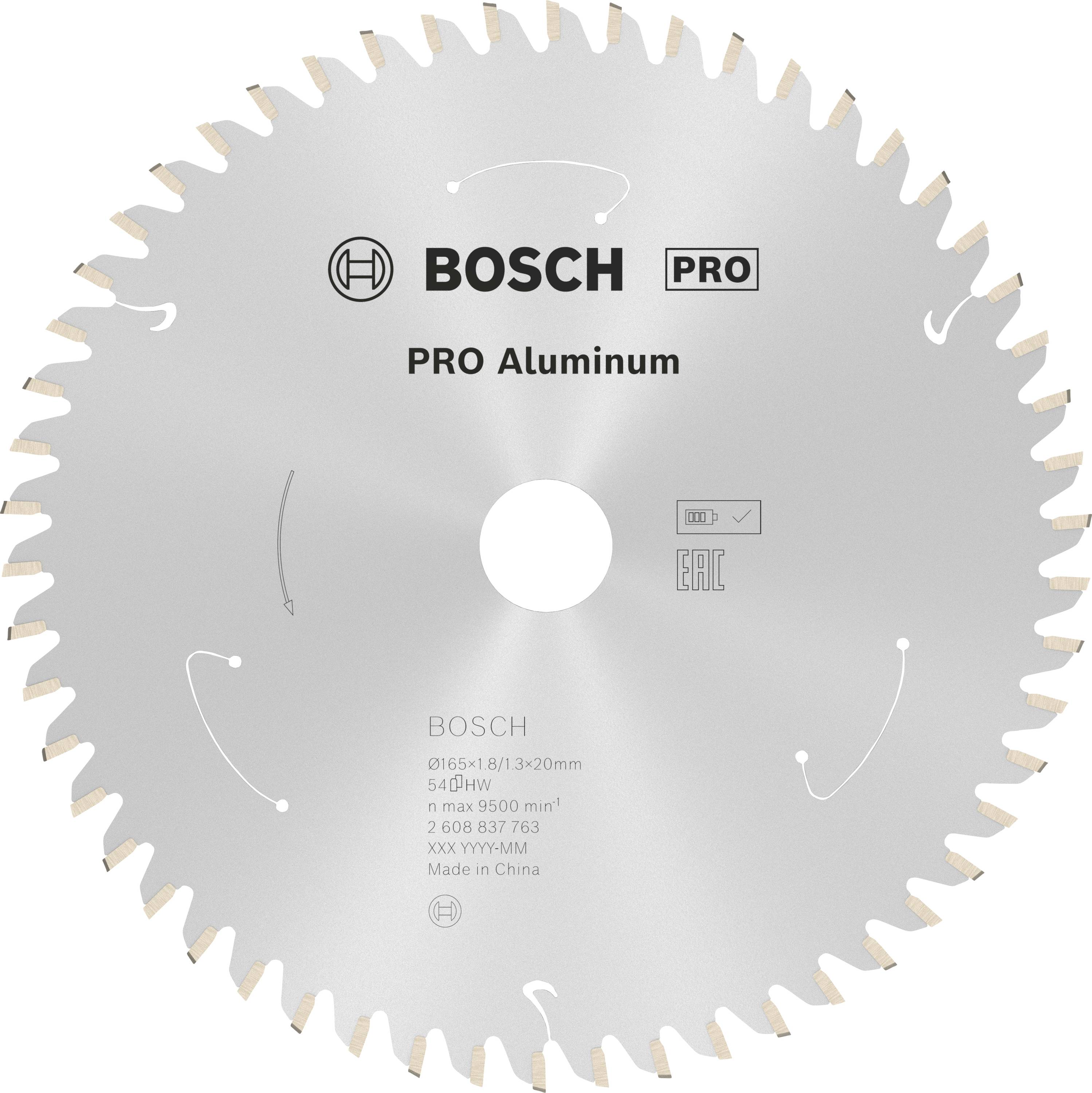 Egy ezüstszínű Bosch körfűrészlap alumíniumhoz, 165 mm átmérőjű, 54 fogazattal, sebességi és termelékenységi információkkal.