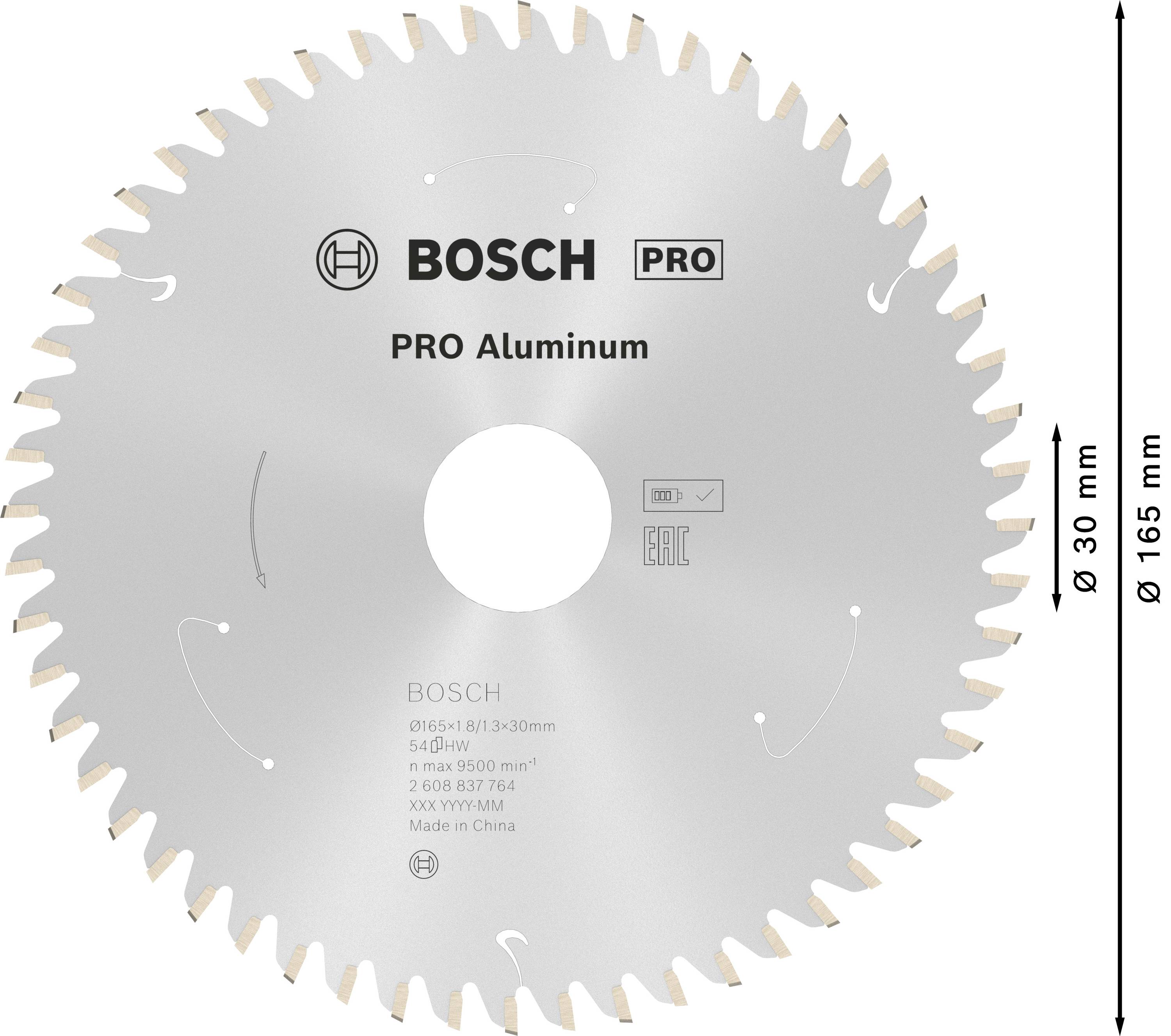 'Bosch PRO Alumínium' körfűrészlap, 165 mm átmérő, 30 mm furat, 54 fog, max. 8500 ford./perc, alkalmas alumíniumhoz.