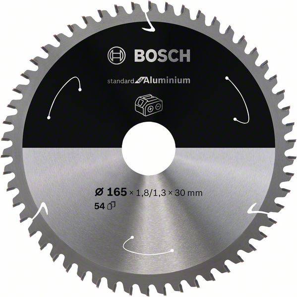 Bosch alumínium körfűrészlap 54 foggal, átmérő 165 mm, szélesség 1,8/1,3 mm, furat 30 mm, szabványos felhasználásra alkalmas.