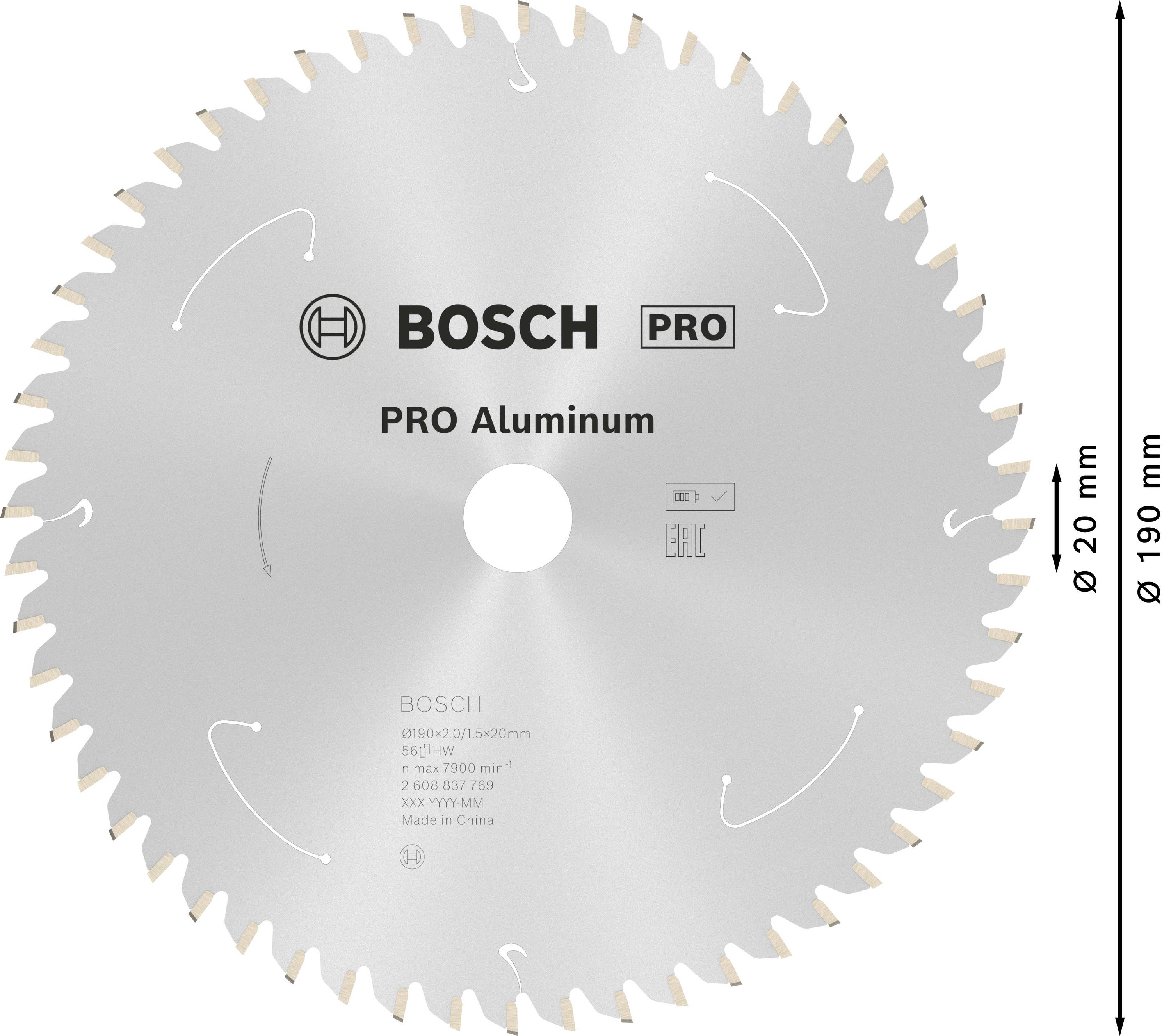 Bosch körfűrészlap, 'PRO Aluminum' jelöléssel, 190 mm átmérővel és 20 mm-es furat átmérővel.
