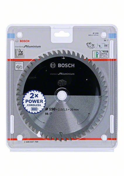 Bosch alumínium körfűrészlap, 190 mm átmérő, 56 fog. A csomagolás hangsúlyozza a tartósságot és a vezeték nélküli eszközökhöz való különleges alkalmasságot.