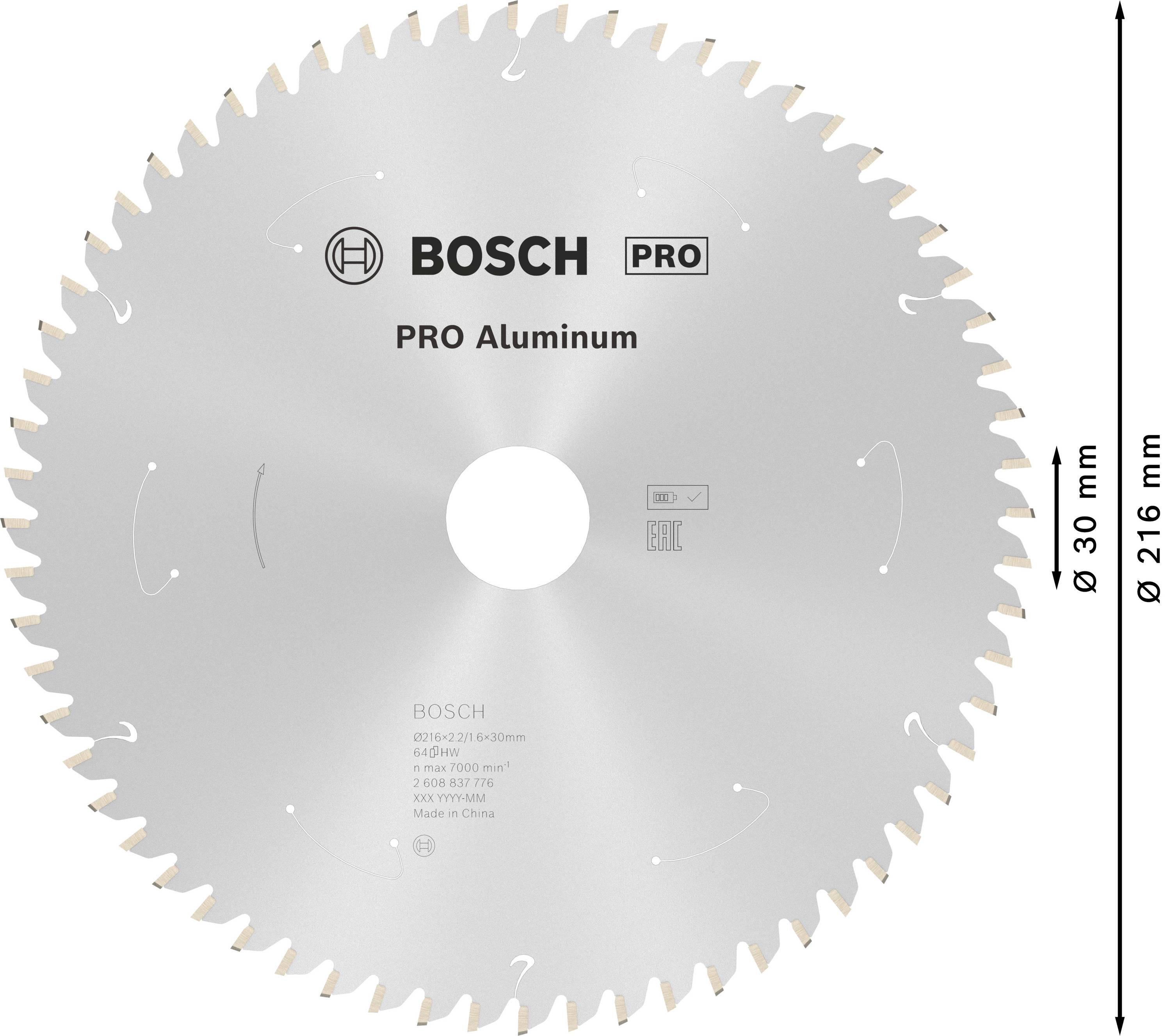 Rozsdamentes acél körfűrészlap 'BOSCH PRO Aluminum' felirattal, 216 mm átmérőjű, 30 mm-es furatátmérővel.