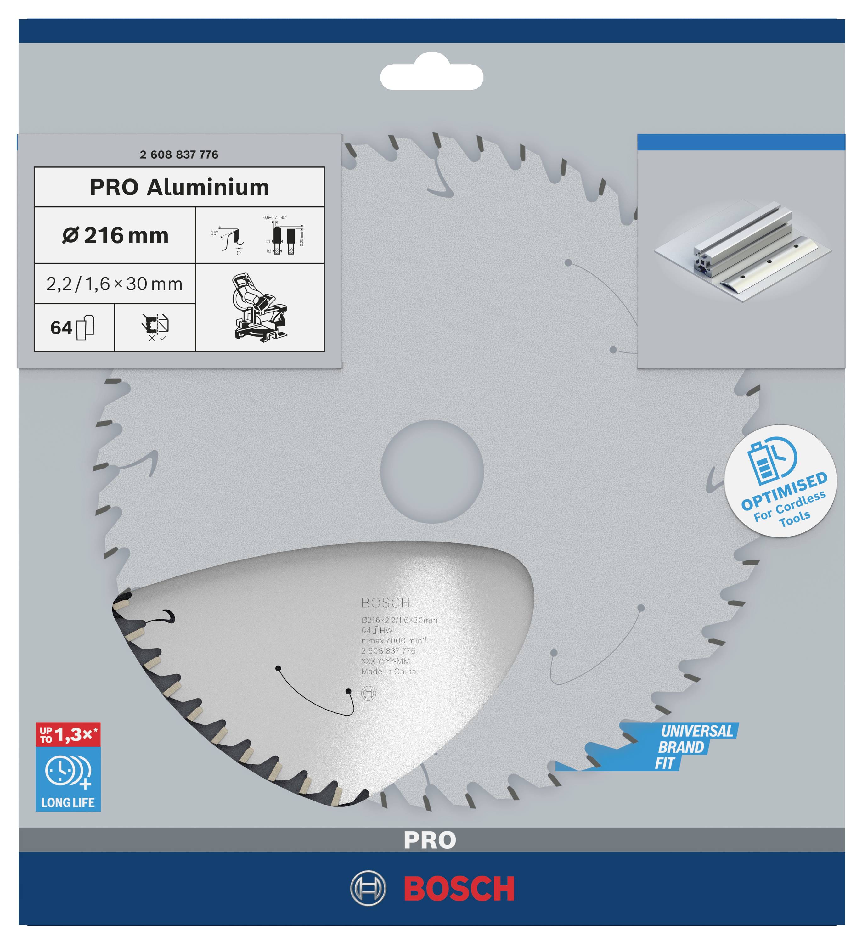 Bosch 'PRO Alumínium' körfűrészlap, 216 mm átmérő, alumínium vágásához, optimalizált bevonattal a hosszú élettartam érdekében.