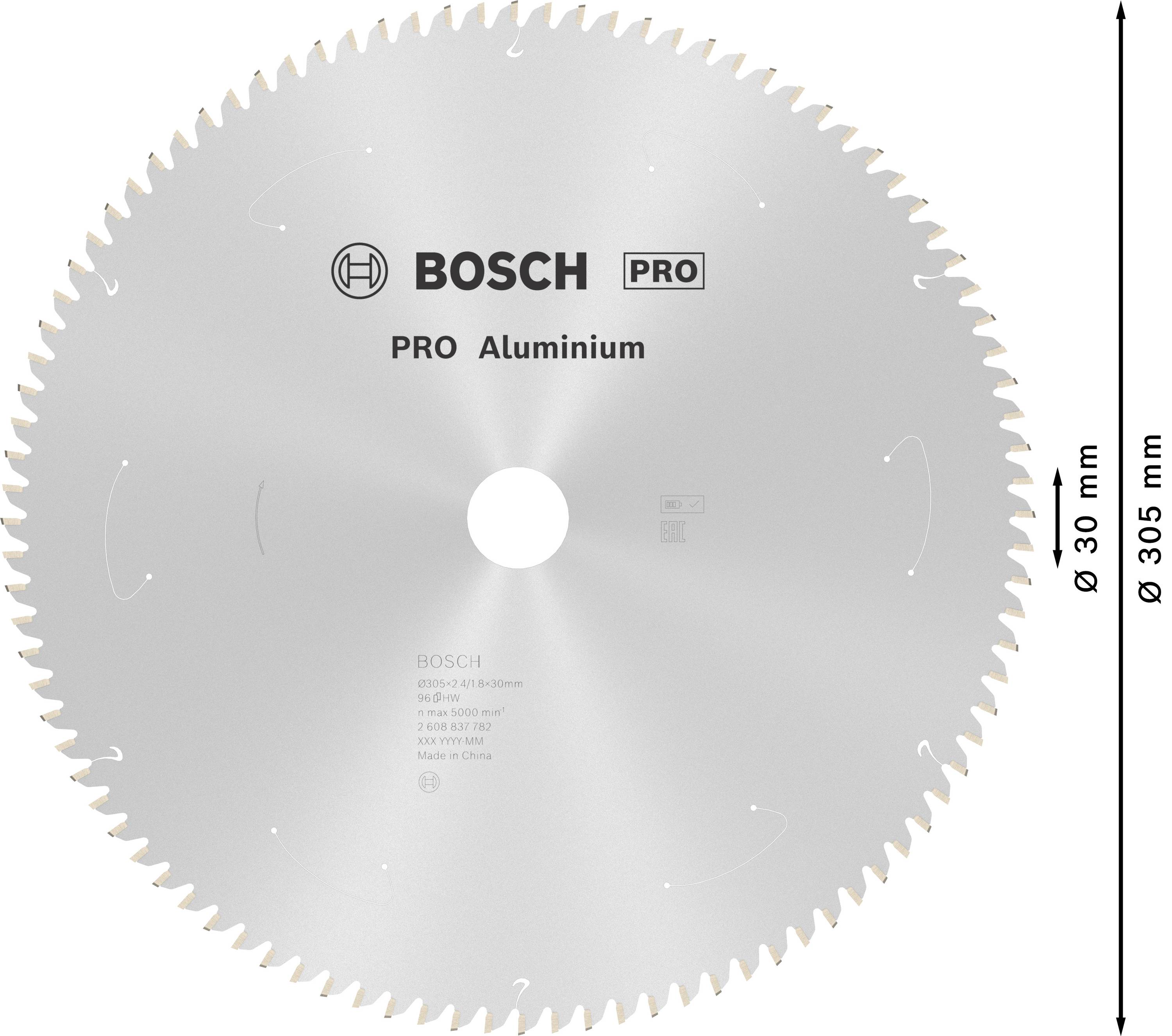 Egy ezüstszínű alumínium fűrészlap márkalogóval és termékinformációkkal. Átmérő: 305 mm, furat: 30 mm.
