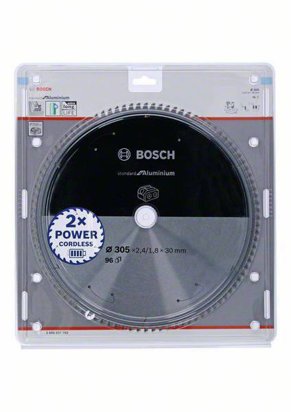 Körfűrészlap átlátszó csomagolásban. 'Bosch' márka, speciálisan alumíniumhoz, 305 mm átmérő, 96 fog, vezeték nélküli szerszámokhoz.