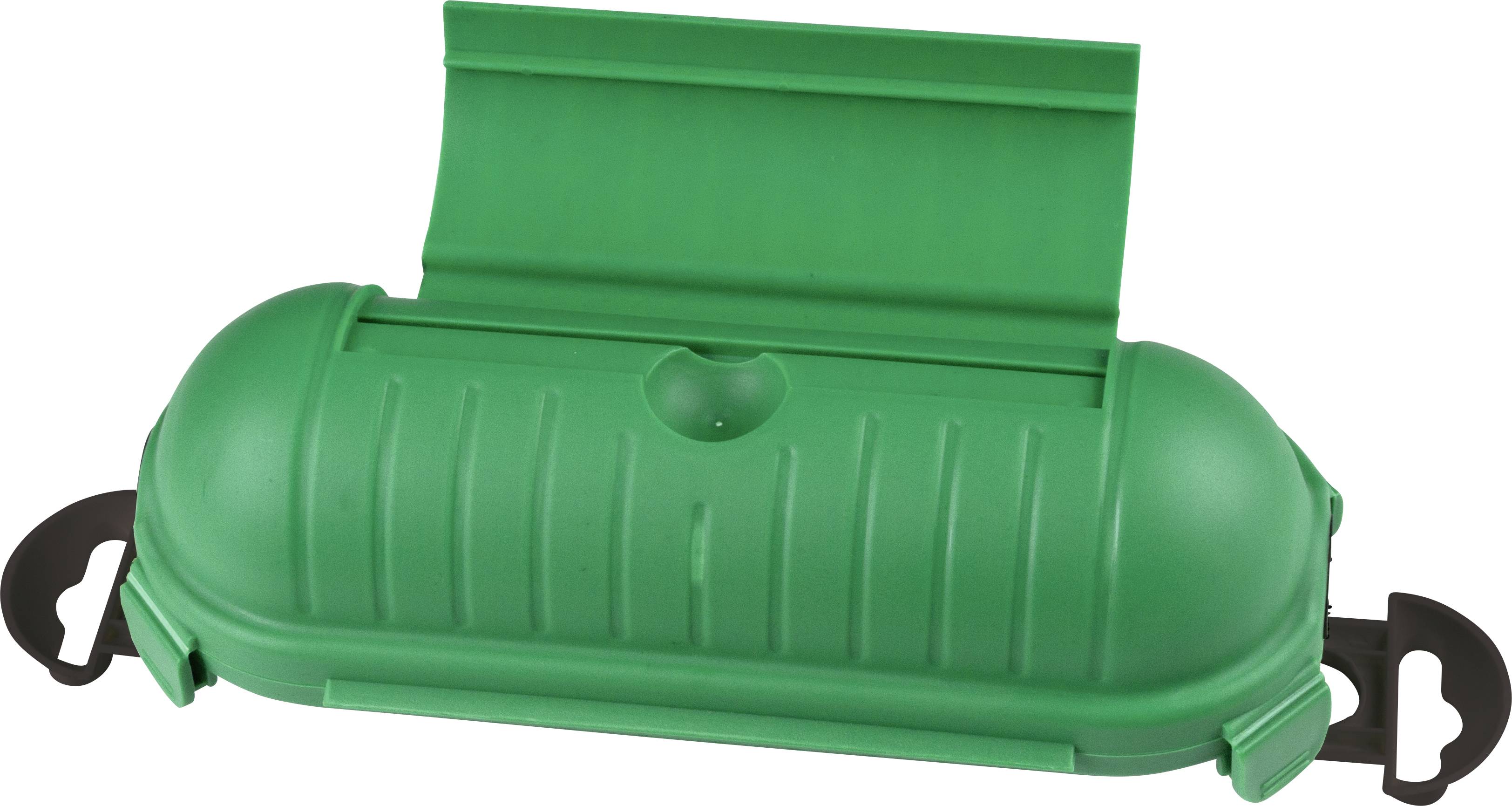 Zöld műanyag tok kerek tetővel, valószínűleg kábelek vagy apró tárgyak tárolására.