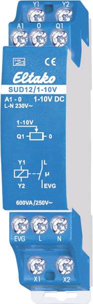 Kék Eltako-modul 'SUD12/110V' felirattal, 230V AC, 600VA/250V. Csatlakozók láthatók A1, 1-10V, Y1, Y2, L, N, EVG jelöléssel.