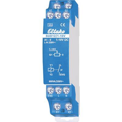 Kék Eltako-modul 'SUD12/110V' felirattal, 230V AC, 600VA/250V. Csatlakozók láthatók A1, 1-10V, Y1, Y2, L, N, EVG jelöléssel.